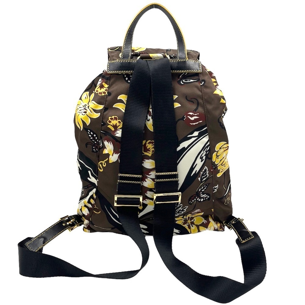 Prada Triangle Floral Backpack Nylon Leather Brow… - image 2